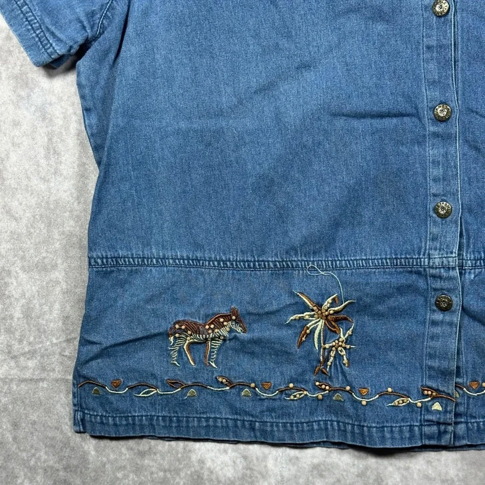 Jane Ashley 1X Blue Denim Safari Zebra Palm Tree Embroidered Cottagecore Top - Picture 4 of 11